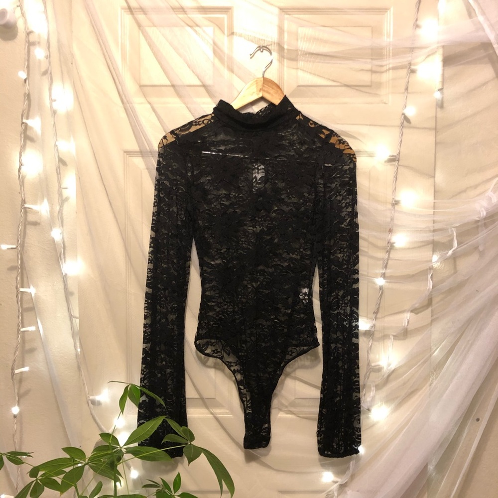 PLT high neck sheer lace bodysuit